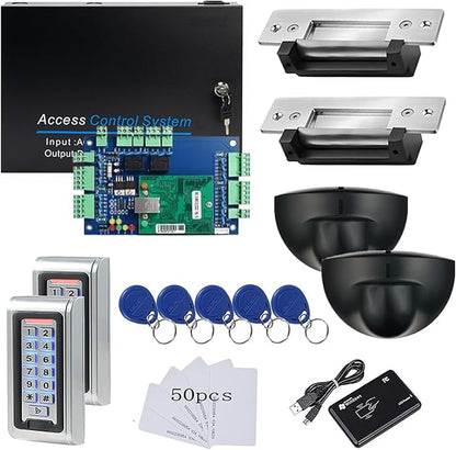 2 Doors PIR Exit Motion Sensor Access Control Metal Waterproof Keypad Reader Big Space Power Supply Box(can Put in Backup Battery) Strike Lock Digital Lock System