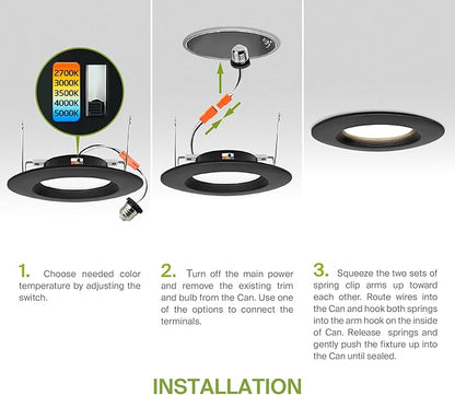 ASD Black Retrofit LED Recessed Lighting 6 Inch - 12W 2700K-5000K 1078LM Can Lights for Ceiling 6 Inch, Dimmable Black Recessed Lights, Baffle Trim Wet Rated Wafer Lights, ETL, Energy Star