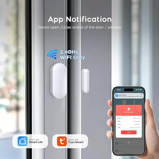 Door Alarm Window Sensors, Door Open Alarm Long Battery Life Wireless for Security Real-Time Notification WiFi Contact Sensor App Control No Monthly Fee, White