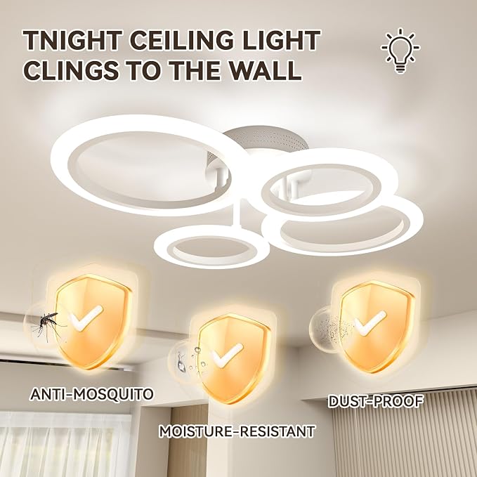 48W 4 Ring White LED Ceiling Light Dimmable for Bedroom Living Kitchen | 2800K-7000K Dimmable, Acrylic Ring Design, Modern Flush Mount Ceiling Lamp ideal for Living Spaces & Small Rooms