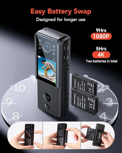 BOBLOV 4K Mini Body Camera with Video and Audio 64G, 2X 1400mAh Batteries& Charging Dock, A29 Body Wearable Camera with Night Vision & Bike Mount for Security, Vlogging, Pet, Cycling, Daily Recording