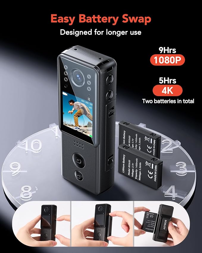 BOBLOV 4K Mini Body Camera with Video and Audio 64G, 2X 1400mAh Batteries& Charging Dock, A29 Body Wearable Camera with Night Vision & Bike Mount for Security, Vlogging, Pet, Cycling, Daily Recording