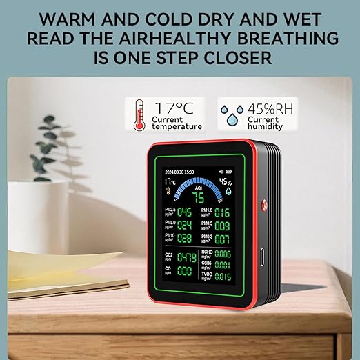 LiebeWH Air Quality Monitor Indoor 18 in 1 CO2 TVOC HCHO PM2.5 PM10 Indoor Air Quality Monitor Temp Humid Detect Tester Battery Powered Data Storage Black