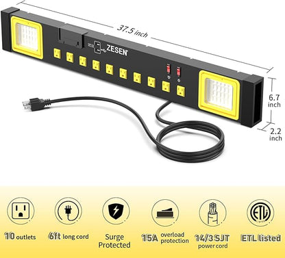 10 Outlets Power Strip with LED Worklight, Heavy Duty Metal Wall Mount Workbench Power Strip with 6ft 14/3 AWG Cord, 2 USB Ports, ETL Listed for Home Office Garage Workshop, Black