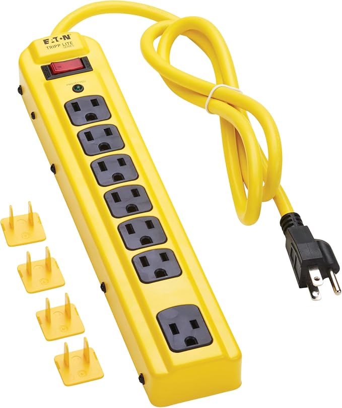 Eaton Tripp Lite Series TLM704SA Heavy Duty Power Strip with Surge Protection, 7 Outlets, 450 Joules, 4ft Cord, Yellow Metal Housing, Under Desk & Wall Mountable, Cord Wrap, Industrial Garage Shop