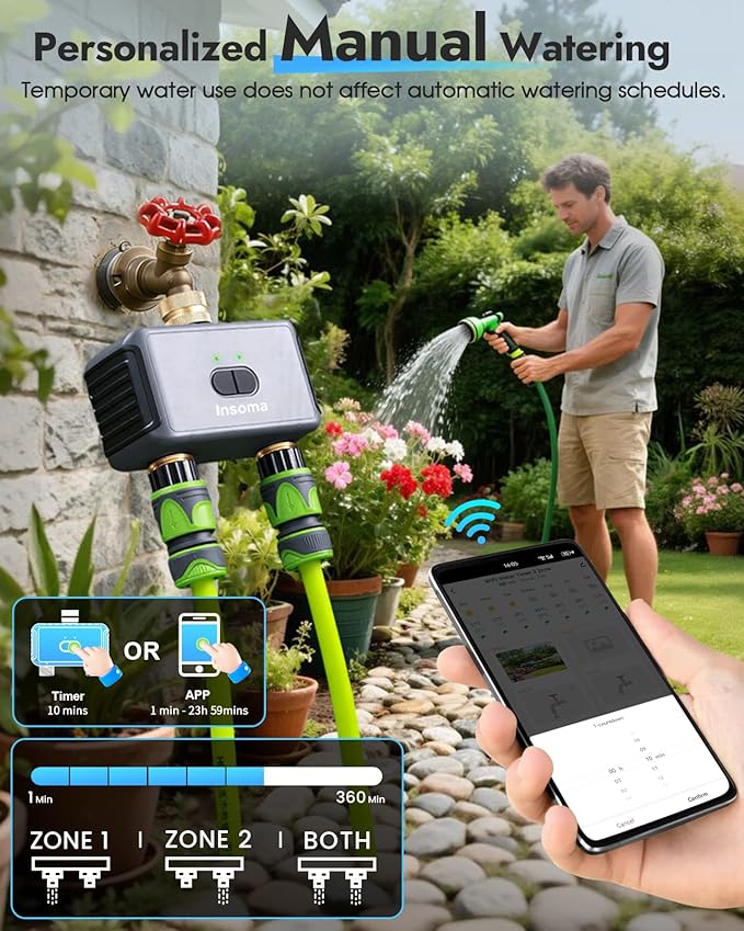 Insoma 2-Zone WiFi Water Timer Brass Inlet Outlet, Smart Sprinkler Timer, No-Gateway 2.4GHz, APP Remote Control WiFi Hose Timers, Voice Control with Alexa, Rain Delay and Manual Mode for Lawn Watering