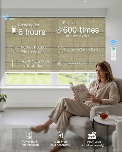 Motorized Roman Shades for Windows, Custom Light Filtering Roman Blinds with Remote, Smart Privacy Window Shades for Living Room Kitchen Office, Alexa & Google Home Compatible, App Control via RF Hub
