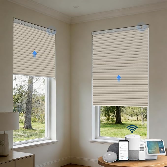 Motorized Cellular Shades with Remote, Smart Cellular Shades Compatible with Apple HomeKit, Alexa & Google Home, Cordless Honeycomb Window Blinds for Indoor Windows, Blackout Warm Beige
