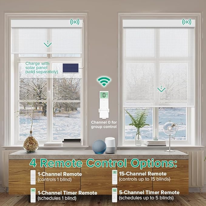 Motorized Roller Shades, Light Filtering Remote Control Custom Window Shades Compatible with Alexa Google Assistant via RF Hub, Rechargeable Electric Blinds for Windows (Fireproof White)