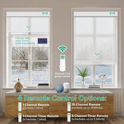 Motorized Roller Shades, Light Filtering Remote Control Custom Window Shades Compatible with Alexa Google Assistant via RF Hub, Rechargeable Electric Blinds for Windows (Fireproof White)