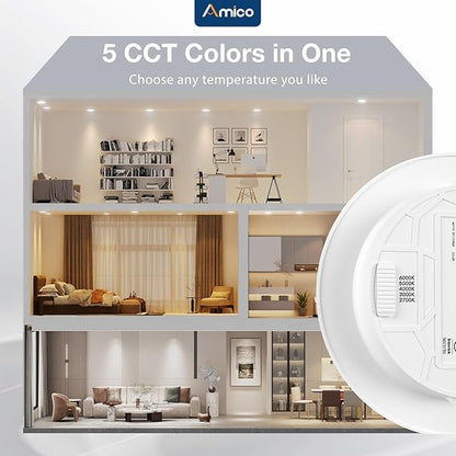 Amico Recessed Lighting 4 Inch, 4 Pack 5CCT Flat LED Can Lights, 2700K/3000K/4000K/5000K/6000K Selectable, 7W Eqv 120W, 700LM Brightness, Retrofit Installation - ETL & FCC