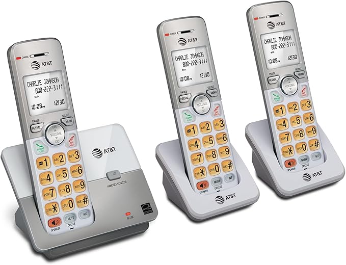 AT&T EL51303 3 Handset DECT 6.0 Cordless Home Phone Full-Duplex Handset Speakerphone,Backlit Display, Lighted Keypad,Caller ID/Call Waiting,Phonebook, Eco Mode,Voicemail Key,Quiet Mode,Intercom,Silver