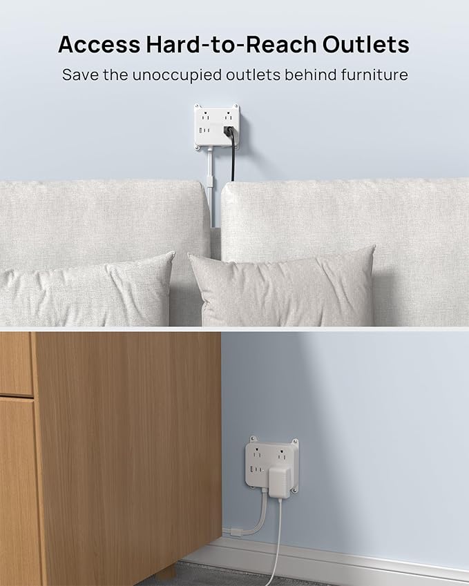 TROND Flat Power Strip with 360° Rotating Plug, 5FT Extension Cord with 3 Widely Space Outlets and 3 USB Ports(2 USB C), Wall Outlet to Hide in Drawer, Attach Under Desk Cabinet Vanity Counter