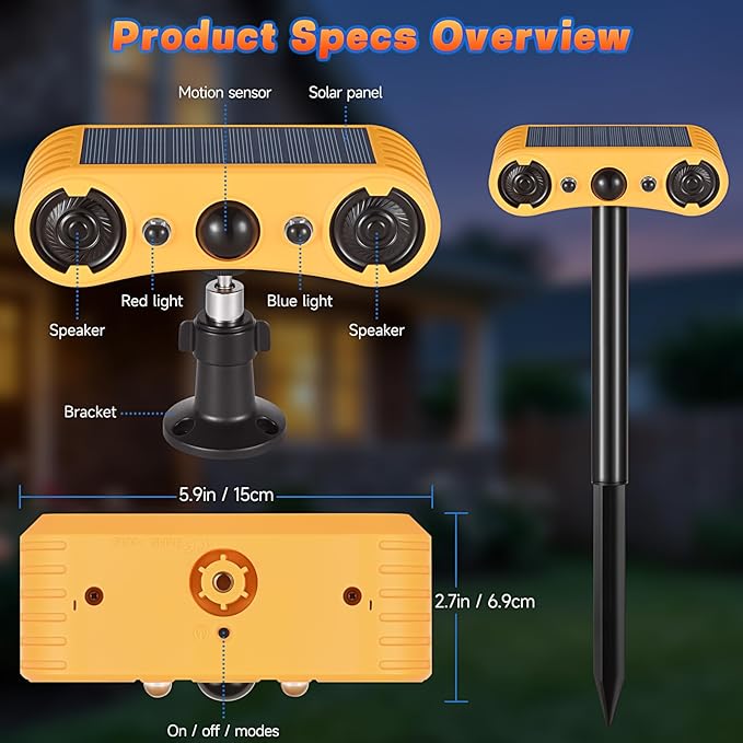 Solar Motion Sensor Alarm Outdoor, Red & Blue LED Strobe Light with 130dB Dual Speakers, 13 Loud Sounds Dog Barking & Siren, Continuous Loop Playback, 4 Modes for Deer Bear Coyote Fox Deterrent