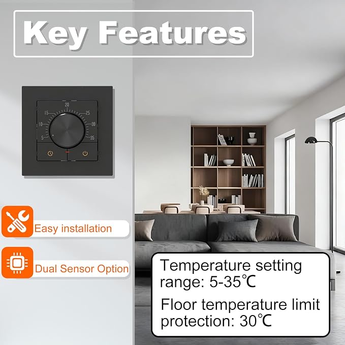 HEATIT Manual Non-Programmable Floor Heating Thermostat, 100-240V Black