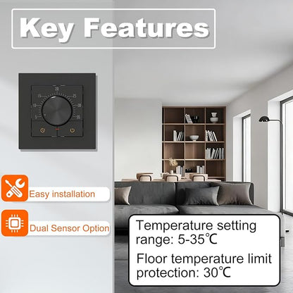 HEATIT Manual Non-Programmable Floor Heating Thermostat, 100-240V Black