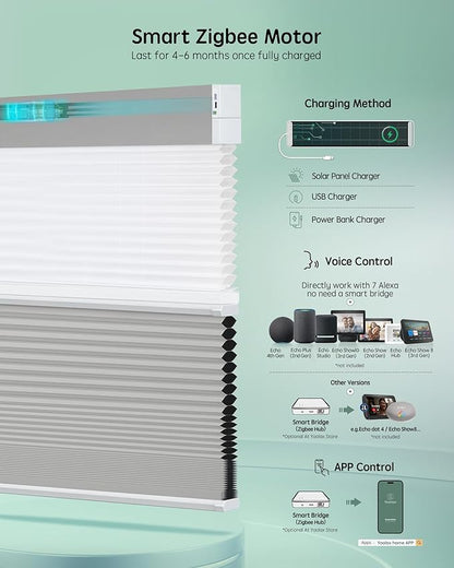 Yoolax Smart Motorized Day and Night Cellular Shades with Remote, Top Down Bottom Up Blinds Compatible with Alexa, Blackout and Light Filtering Honeycomb Blinds (Light Grey)