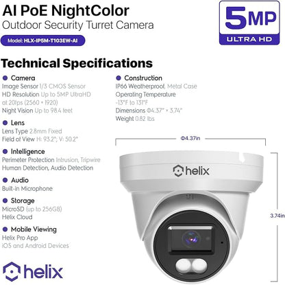 Helix 5MP Security AI IP PoE Camera, 98ft Night Color, Human Detection, NDAA Compliant, Indoor Outdoor Surveillance Turret, Built in Mic, Support 256GB MicroSD, Deterrent, HLX-IP5M-T103EW-AI
