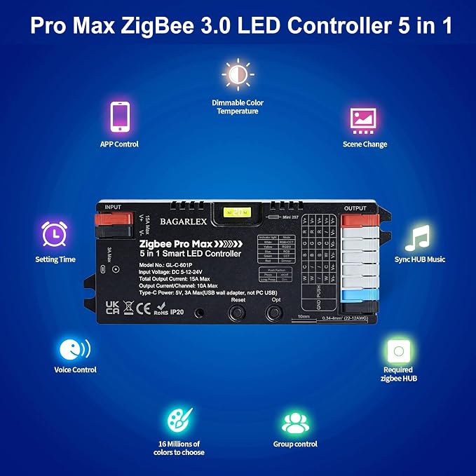 Pro Max ZigBee 3.0 LED Controller 5 in 1, Hub APP/Alexa Voice Control RGBWW RGBW RGB CCT COB LED Light Strip Color Changing,1%~100% Dimmable,Require ZigBee Hub Bridge