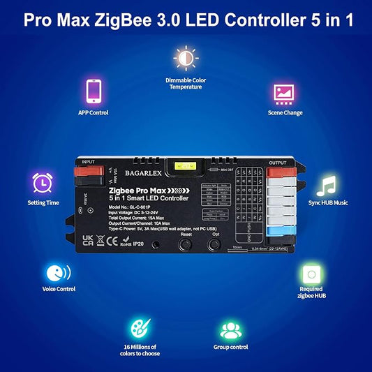 Pro Max ZigBee 3.0 LED Controller 5 in 1, Hub APP/Alexa Voice Control RGBWW RGBW RGB CCT COB LED Light Strip Color Changing,1%~100% Dimmable,Require ZigBee Hub Bridge