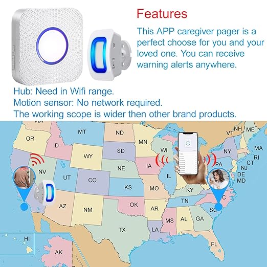 WiFi Smart Bed Sensor Alarm and Fall Prevention for Elderly/Dementia,WiFi Wireless Caregiver Pager Motion Sensor Alarm with App (only Supports 2.4GHz Wi-Fi) (1 WiFi Pager 1 Motion Detector)
