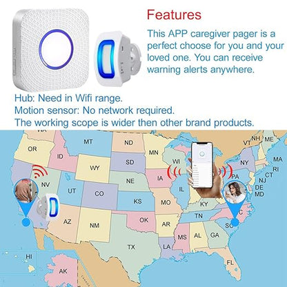 WiFi Smart Bed Sensor Alarm and Fall Prevention for Elderly/Dementia,WiFi Wireless Caregiver Pager Motion Sensor Alarm with App (only Supports 2.4GHz Wi-Fi) (1 WiFi Pager 1 Motion Detector)