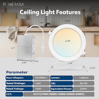 2 Pack Recessed Lighting 7 Inch with Junction Box, 5CCT 7 Inch LED Recessed Lights Dimmable 2700K/3000K/4000K/5000K/6000K, 16W 1300lm Ultra Thin Recessed Lighting - ETL and Energy Star Certified