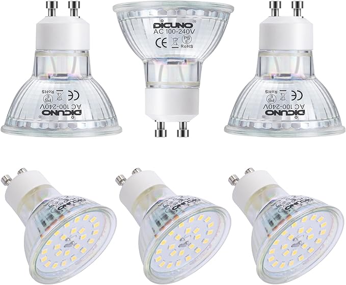 DiCUNO GU10 LED Light Bulbs, 6W 60W Halogen Replacement, Bright Daylight White 5000K, 700lm, Full Glass Cover 120 Degree Beam Angle, 120V, MR16 GU10 LED Non-dimmable, Spotlight Track Lighting, 6-Pack