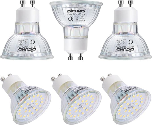 DiCUNO GU10 LED Light Bulbs, 6W 60W Halogen Replacement, Bright Daylight White 5000K, 700lm, Full Glass Cover 120 Degree Beam Angle, 120V, MR16 GU10 LED Non-dimmable, Spotlight Track Lighting, 6-Pack