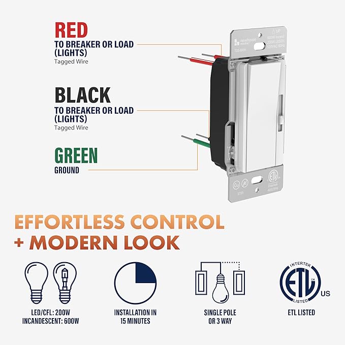 Newhouse Electric Slide Dimmer Switch for Dimmable LED, Halogen, and Incandescent Bulb TDS-600W, Modern Wall Light Dimmer Switch for Contemporary Interior Design