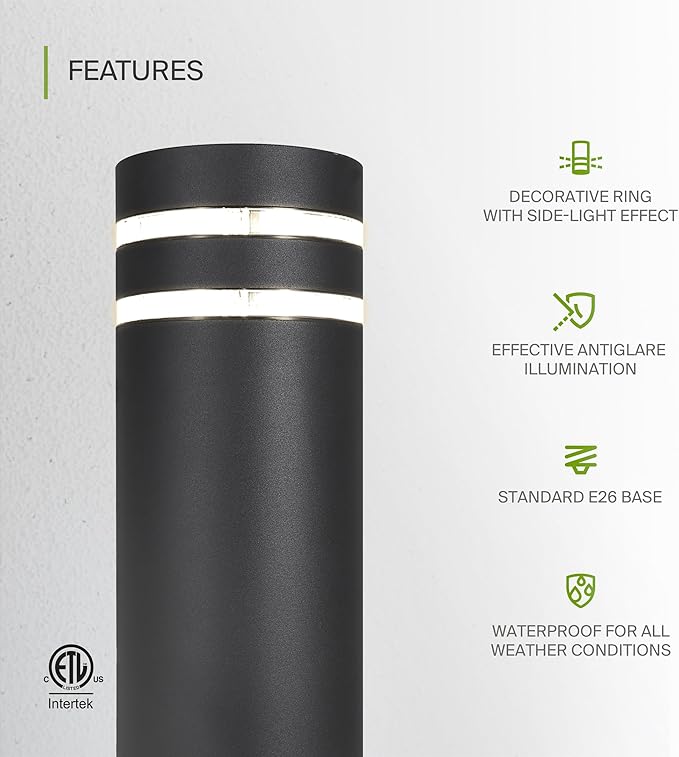 ASD 12" Round Bollard Light Fixture, Outdoor Pathway Floor Lamp | Antiglare, Waterproof, ETL Listed | 60W E26 Bulb Socket 120V | Landscape Hardwired Lighting, Exterior Post Lantern | Black, 4 Pack