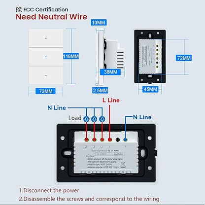 Smart Light Switch Need Neutral Wire,FCC Certified,2.4GHz WiFi Push Button Switch Compatible with Alexa,APP Control Compatible with Tuya/Smart Life,White 3 Gang