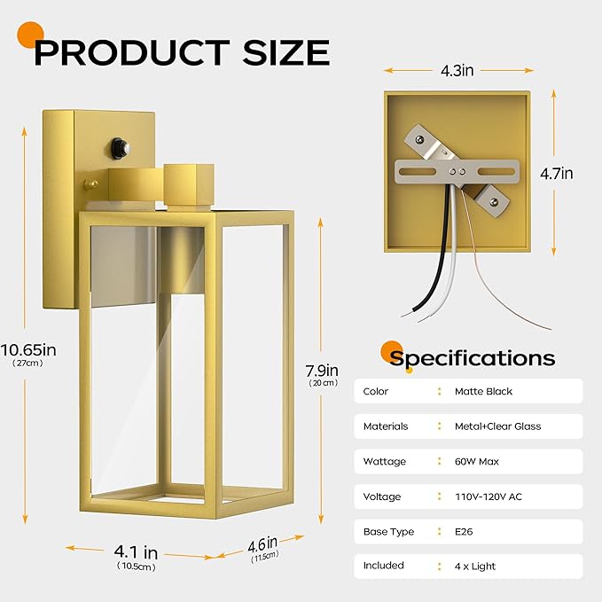WIHTU Gold Dusk to Dawn Porch Lights, Exterior Lighting Fixtures for House, Waterproof Outdoor Wall Lights Wall Sconce Lamp, Anti Rust Coach Lights for Doorway, Garage