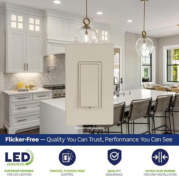 Leviton Decora Slide LED Advanced Dimmer Switch for 150W Dimmable LED, Halogen and Incandescent Bulbs and Fixtures, DSL01-1LT, Light Almond