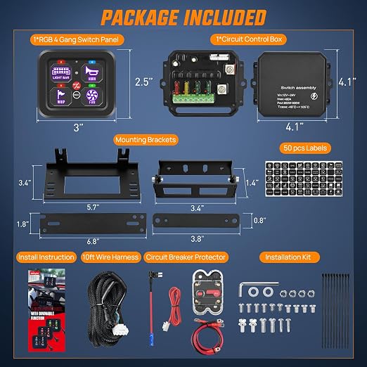 Nilight 4 Gang Switch Panel RGB 12V 24V Circuit Control Relay System | Fuse Wiring Harness Automatic Dimmable LED Pod On/Off Momentary Strobe Modes Universal for Car Pickup Truck Camper SUV