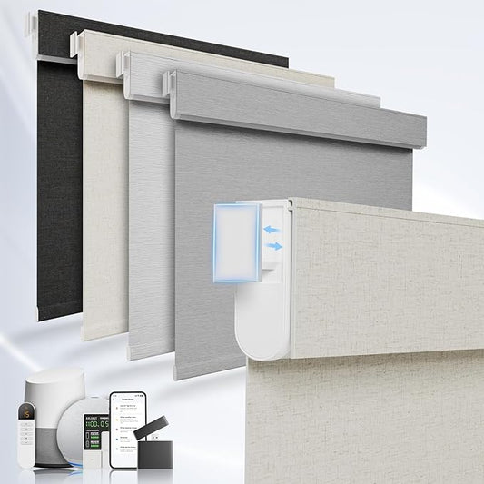No Drill Motorized Blinds with Remote, No Tools Automatic Blinds for Window, Blackout Motorized Shades, Light-Filtering Smart Blind, Dry Battery, Customized Size, Linen
