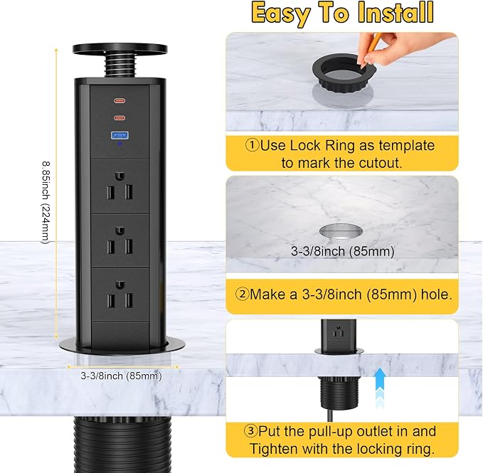 Kungfuking Pop Up Outlet for Countertop, Socket with 3 AC Outlets & 2 PD 20W USB-C & 1 USB-APorts, Pull Power Kitchen Conference Office, 3-3/8 Inch(85MM) Hole Grommet Strip, Dark Black