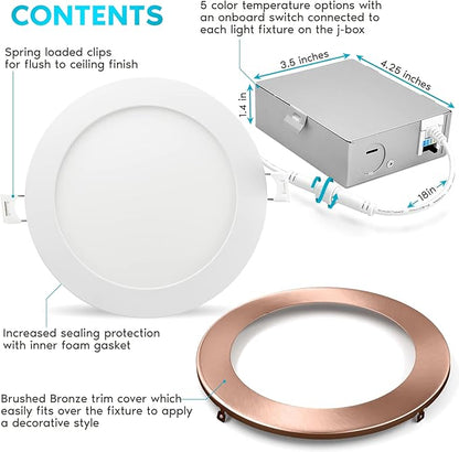LUXRITE 6 Inch Ultra Thin LED Recessed Light with J-Box, 12W, 5 Color Options 2700K | 3000K | 3500K | 4000K | 5000K, Dimmable Wafer Light, 1000 Lumens, Copper Trim, Energy Star, IC Rated