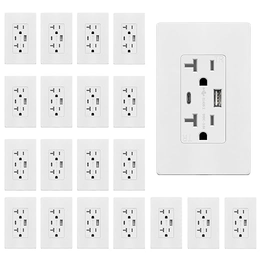 TOPGREENER USB Outlet, 4.2A Type C& Type A USB Wall Outlet, 20 Pack, White | 20 Amp Tamper Resistant Receptacle Plug, USB Outlets Receptacles, Charging Power Outlet, UL Listed, Wall Plate Included