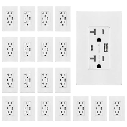 TOPGREENER USB Outlet, 4.2A Type C& Type A USB Wall Outlet, 20 Pack, White | 20 Amp Tamper Resistant Receptacle Plug, USB Outlets Receptacles, Charging Power Outlet, UL Listed, Wall Plate Included