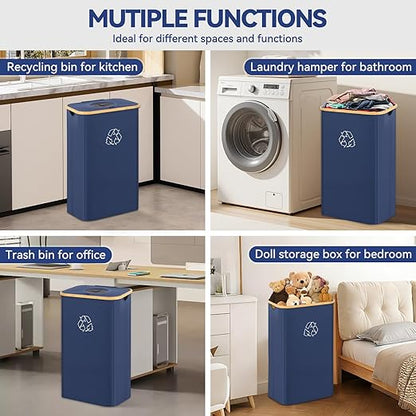 Recycling Bin for Kitchen, 26 Gallon 100L Indoor Home Recycle Bin with Lid and 2 Removeable Reusable Inner Bags, for Bottles, Cans, Glass, Plastic & Stickers, Blue