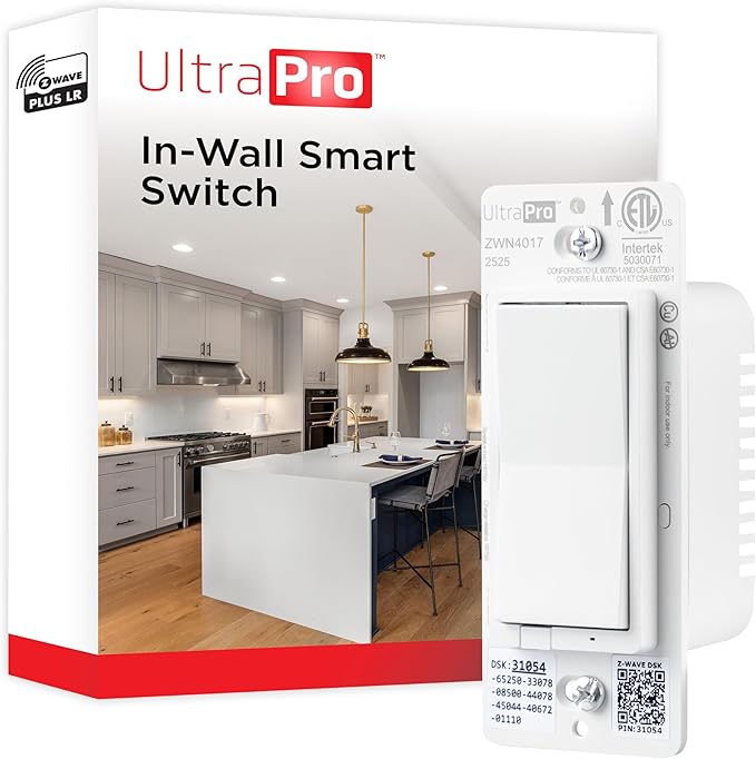 UltraPro Z-Wave Plus Long Range in-Wall Smart Light Switch for Smart Home Automation, 1 Pack, Plastic Yoke, Flying Leads, Single-Pole/3-Way, Hub Required, 76601