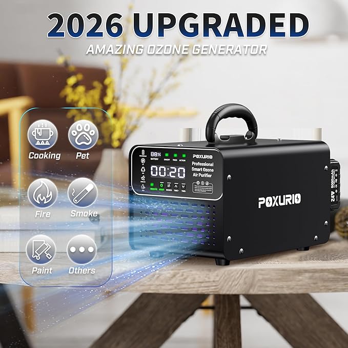 Ozone Generator Cordless with 2 x 5000mAh Battery&Quick Charger for 8-10 Hours Use, 1000000mg Commercial Odor Remover Digital Ozonator Machine With Remote Control, Auto Timming for Large Space