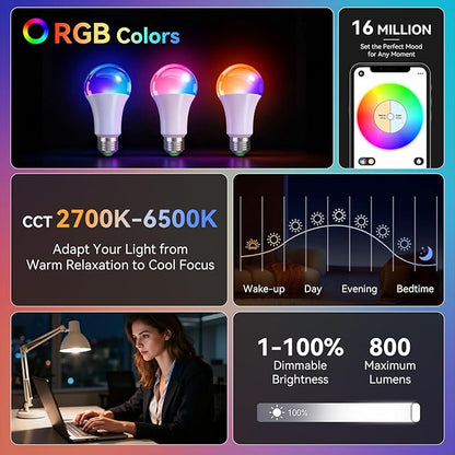 Auxmir Smart Light Bulbs with Remote, RGB+CCT Color LED Light Bulbs Work with Alexa & Google Home, Multiple Scene and Music Sync Light Bulb, A19 9W 800LM, WiFi Bluetooth 2.4GHz No Hub Required, 2-Pack