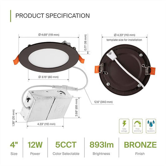ASD 6 Pack LED Recessed Lighting 4 Inch 12W, 5 CCT 2700K-5000K CRI90+, IC Rated Ultra Thin Dimmable Ceiling Lights with J Box, Canless Wafer Downlight, Round Slim Panel Light, UL Listed, Bronze