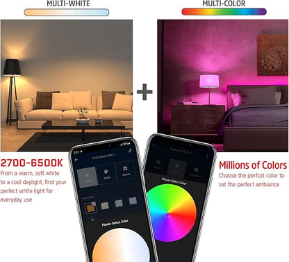Energizer Connect Smart A19 LED Multi-White & Multi-Color RGB Light Bulb with Voice Control and Remote Access Through Your Smartphone | Compatible with Alexa and Google Assistant, 4 Pack