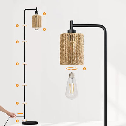 Oneach 66" Black Floor Lamp for Living Room, Boho Floor Lamp with Remote Control and LED Bulb, Rattan Shade, Industrial Tall Farmhouse Standing Lamp for Bedroom, Dining Room, Study Room, Office