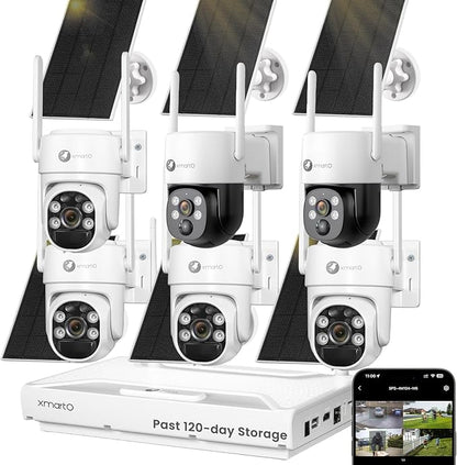 XMARTO QHD Wire-Free Solar Security Camera System Outdoor/Indoor Wireless, Pan Tilt Zoom, 4K Long Range WiFi 6 Surveillance DVR Kit, Long-Lasting Solar Battery Home CCTV 6-CAM Set w. 120-day Storage