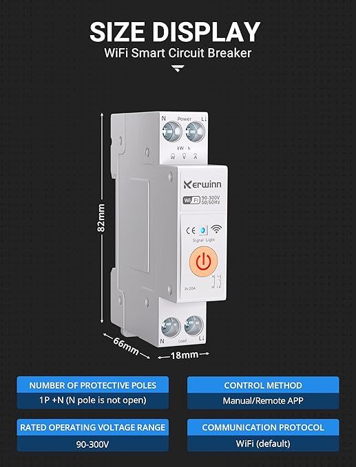 WiFi Smart Circuit Breaker 1P+N, 24-Hour Energy Monitoring, DIN Rail Mount, Smart Life/Tuya APP Remote Control & Voice Control Compatible with Alexa/Google Assistant(63A)