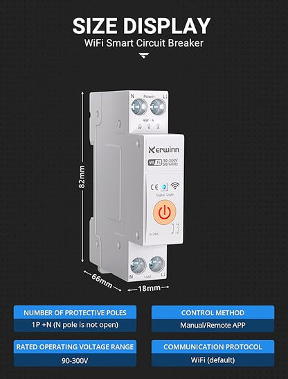 WiFi Smart Circuit Breaker 1P+N, 24-Hour Energy Monitoring, DIN Rail Mount, Smart Life/Tuya APP Remote Control & Voice Control Compatible with Alexa/Google Assistant(16A)